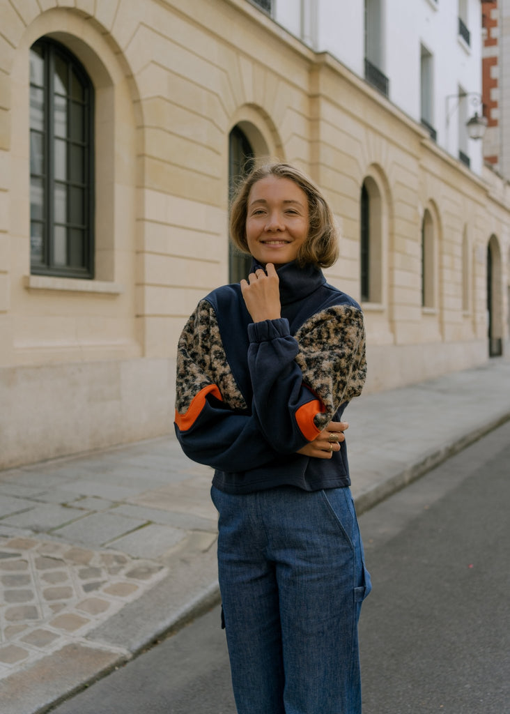 sweatshirt femme bleu marine leopard