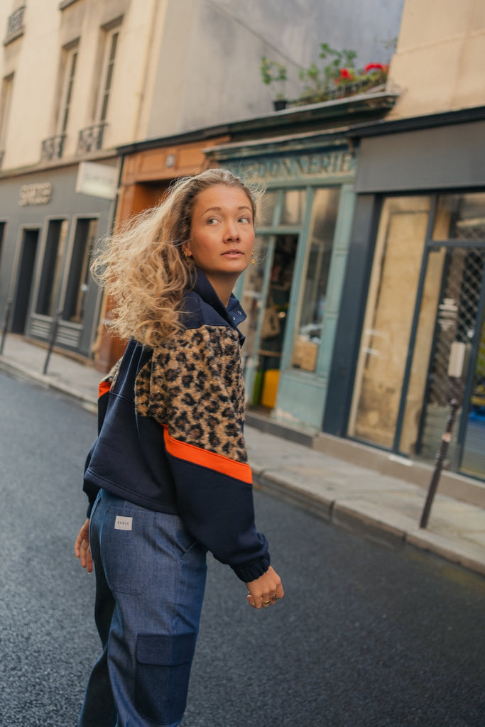 sweatshirt femme bleu marine leopard