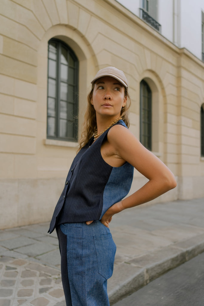 Veston sans manche en jean bicolo  - denim let laine maison de luxe